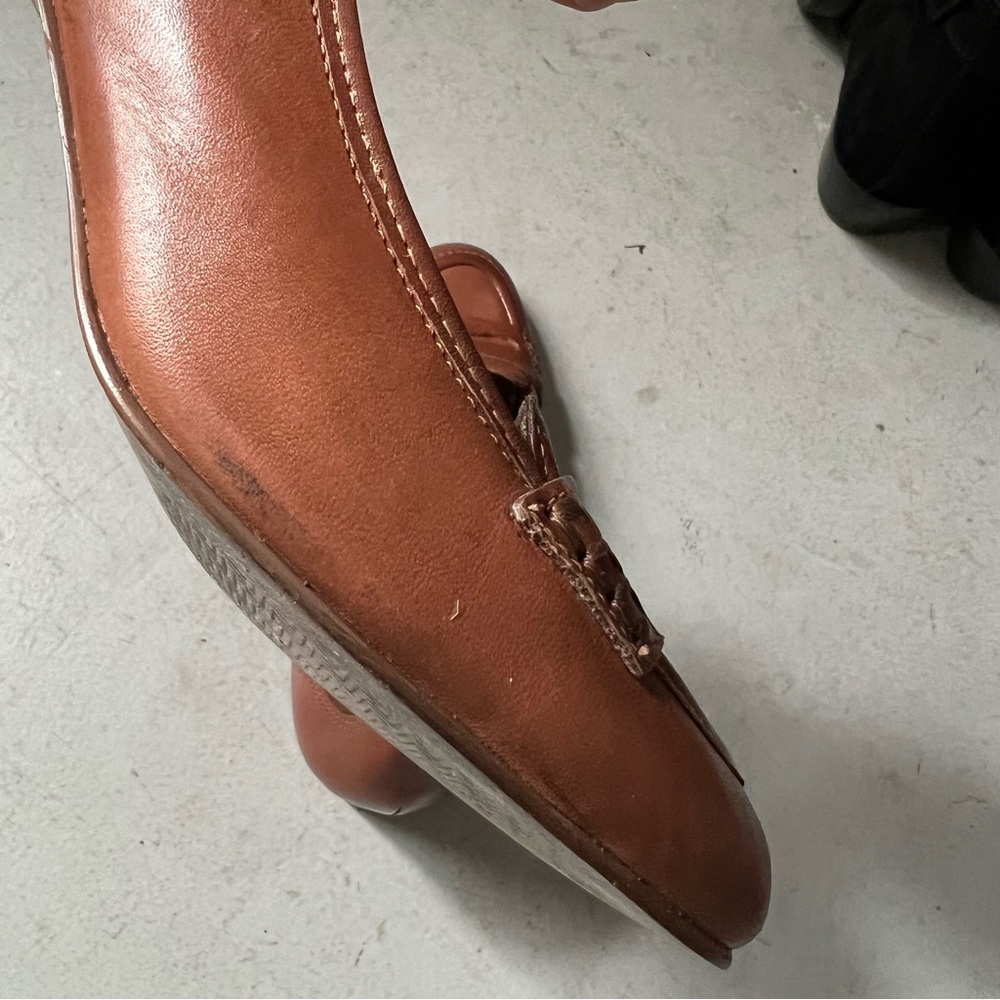 AREZZO Almond Toe Block Heel Leather Penny Loafer in Cognac Brown - Picture 8 of 15